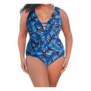NEW ALWAYS FOR ME plus size double v plunge one piece swimsuit in blue palms